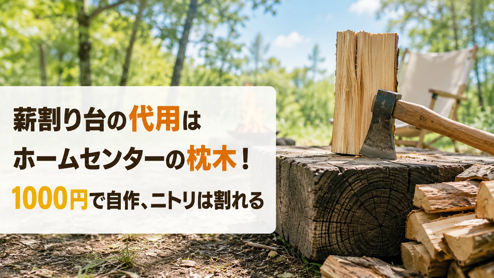枕木で作った薪割り台に手斧を刺したところ